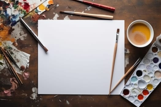 A white sheet of paper on a table with art supplies, top view, Generative AI.