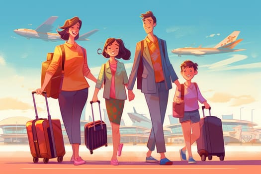 Family Trip Concept, family travel at airport,Time for family vacation, family travel at airport 2d, Generative AI.