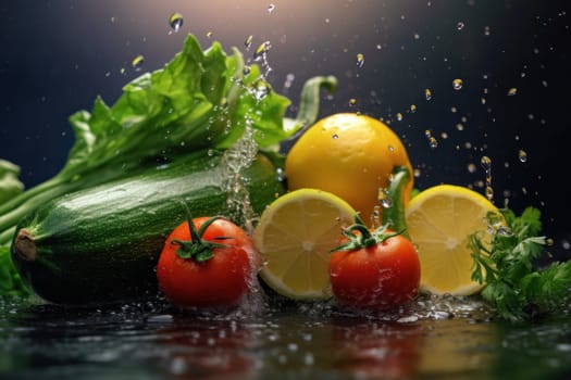 Photo of various vegetables with water splashes.