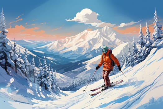 Skiing illustration poster background for advertising, Travel Poster.