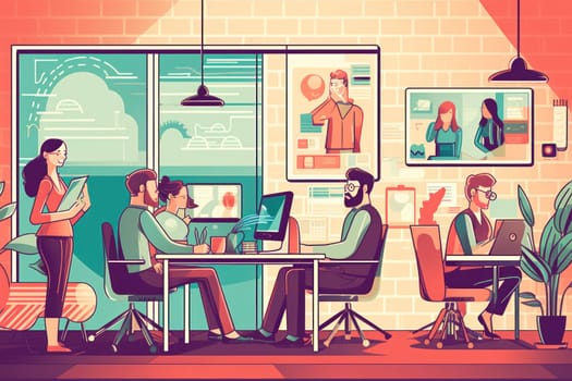 Group business team video conference meeting online concept. flat illustration cartoon character design concept, Generative AI.