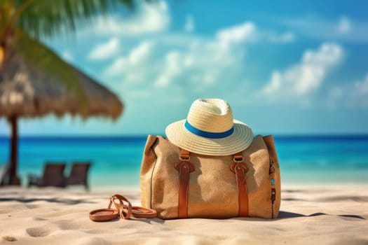 Summer Bag On Tropical Sand, Accessories Hat Towel With Leaves Palm And Blue Sea.