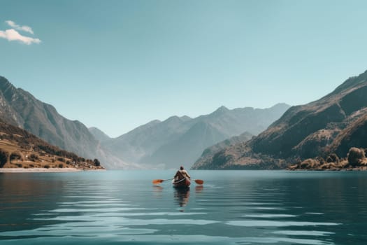 Canoe in the middle of the lake, mountains and clear sky background.
