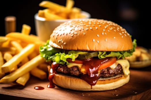 Delicious burger with fries combo.