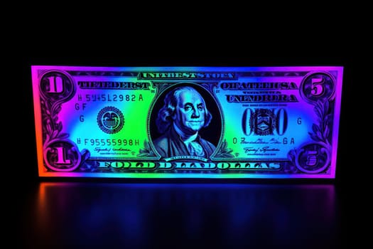 dollar bills falling with Neon colorful background.