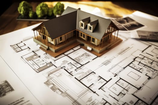 House models sit on top of several different architects drawings and floor plan.