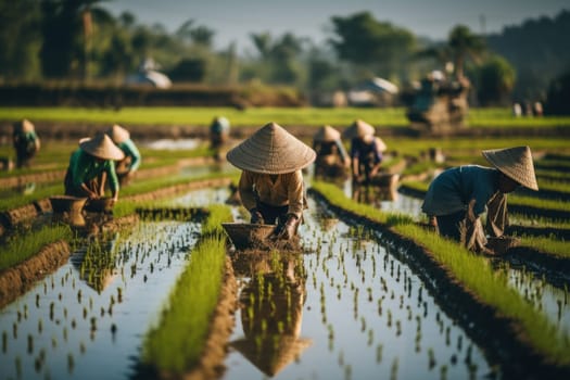 Agriculture of Asia Local Thai farmers are planting rice fields.