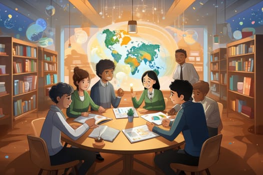 group student in class room, students in a library, Round table discussion, illustrator, Generative AI.