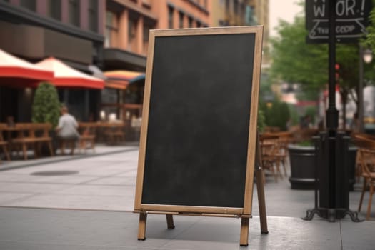 Advertising blank Blackboard, Blank restaurant shop sign or menu boards in shopping mall center, Blackboard sign mockup in front of a restaurant Signboard, Generative AI.