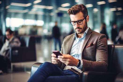 Man at airport lounge and using mobile phone, Businessman working and using mobile at busy time on airport, Generative AI.