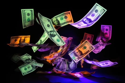 dollar bills falling with Neon colorful background.