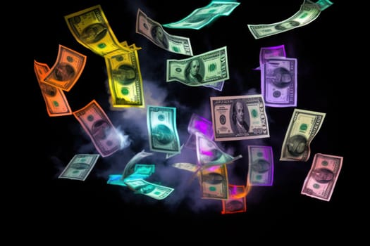 dollar bills falling with Neon colorful background.