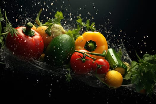 Photo of various vegetables with water splashes.