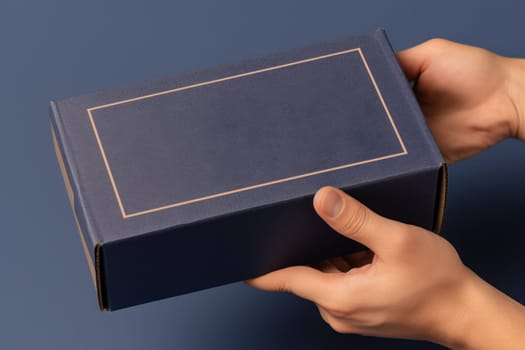 a hand holding a mailing box mockup delivery service concept photo.