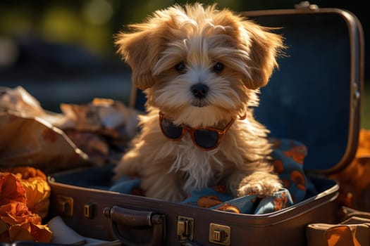 Car trunk with cute Dog and luggage Dog Travel concept Generative AI.