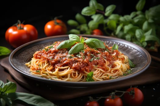 Delicious spaghetti served on a black plat.
