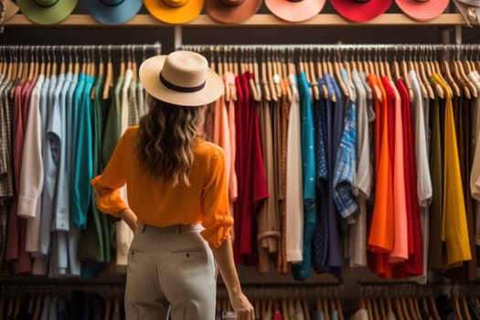 A shopper browsing through colorful clothing racks in a boutique.