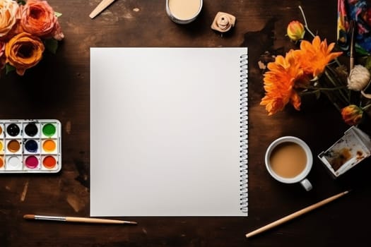 A white sheet of paper on a table with art supplies, top view, Generative AI.