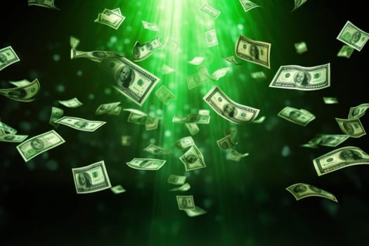 dollar bills falling with colorful abstract background.