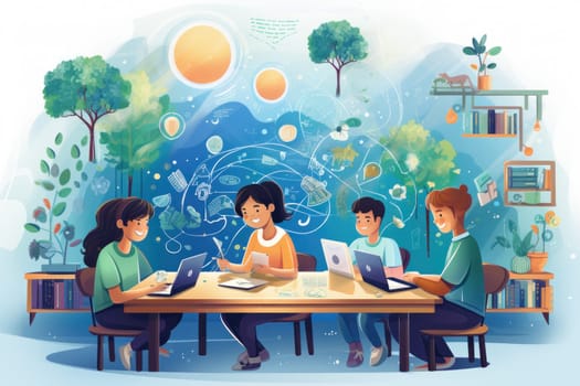 group student in class room, students in a library, Round table discussion, illustrator, Generative AI.