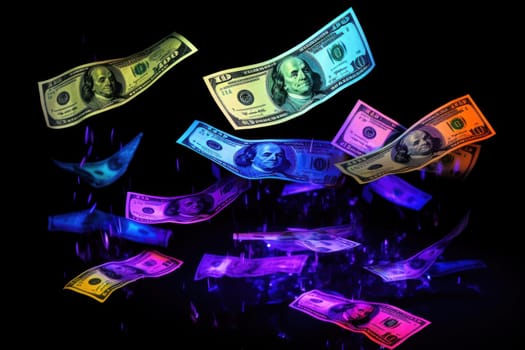 dollar bills falling with Neon colorful background.