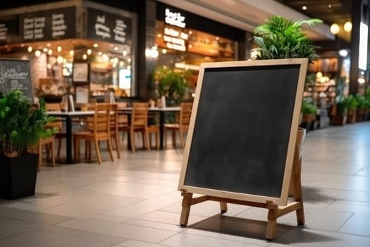 Advertising blank Blackboard, Blank restaurant shop sign or menu boards in shopping mall center, Blackboard sign mockup in front of a restaurant Signboard, Generative AI.