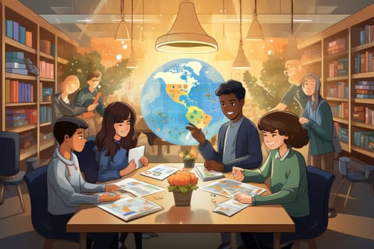 group student in class room, students in a library, Round table discussion, illustrator, Generative AI.