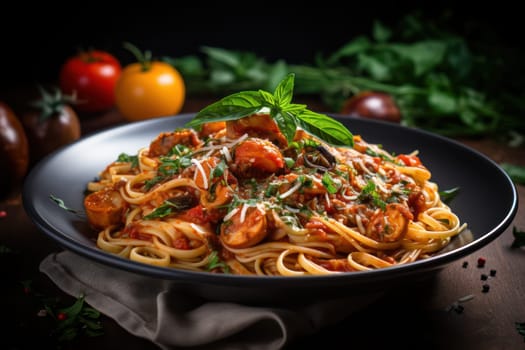 Delicious spaghetti served on a black plat.