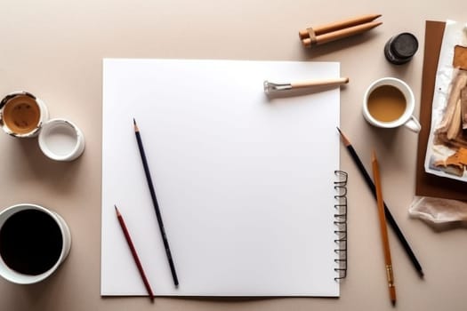 A white sheet of paper on a table with art supplies, top view, Generative AI.