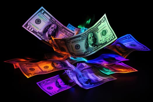 dollar bills falling with Neon colorful background.