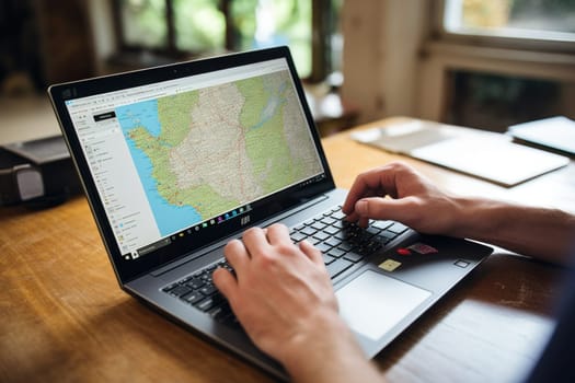 Tourist planning vacation use laptop for search and check hotel and travel accessories on table.