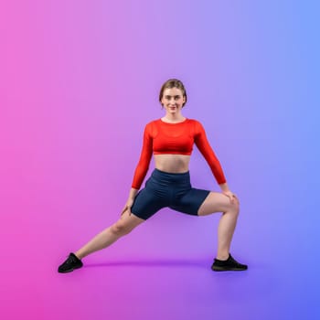 Full body length gaiety shot athletic and sporty woman doing healthy and meditative yoga exercise workout posture on isolated background. Healthy active and body care lifestyle