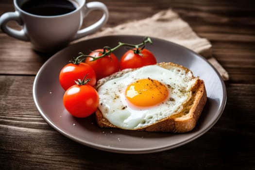 Breakfast with delicious fried eggs garnished with sliced tomato Generative AI.