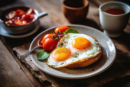 Breakfast with delicious fried eggs garnished with sliced tomato Generative AI.