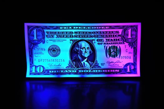 dollar bills falling with Neon colorful background.