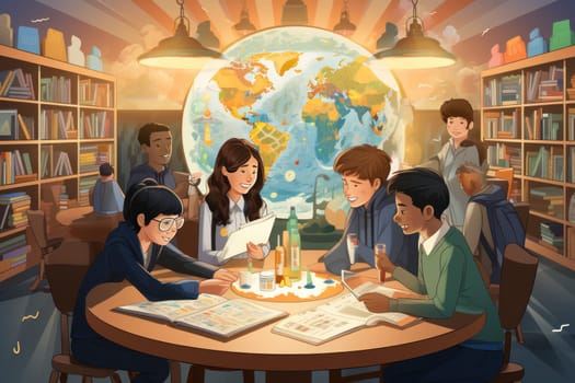 group student in class room, students in a library, Round table discussion, illustrator, Generative AI.