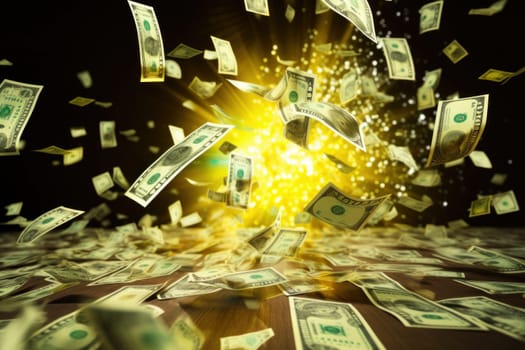 dollar bills falling with colorful abstract background.