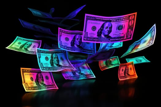 dollar bills falling with Neon colorful background.