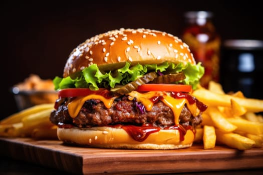 Delicious burger with fries combo.