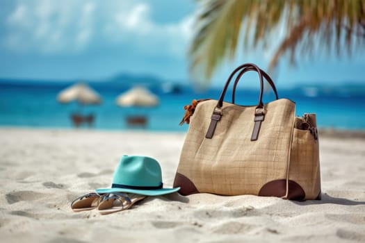 Summer Bag On Tropical Sand, Accessories Hat Towel With Leaves Palm And Blue Sea.