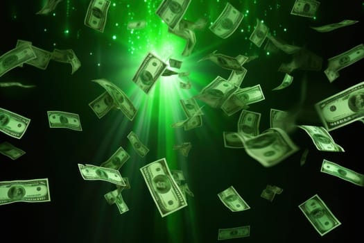 dollar bills falling with colorful abstract background.