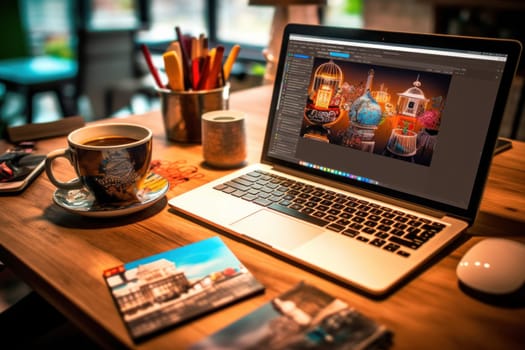 A designer's desk with a laptop, designer's working table.