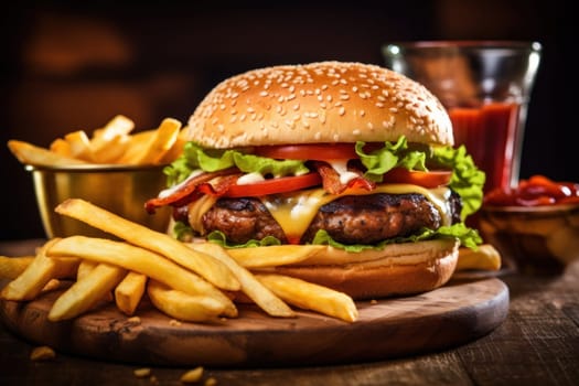 Delicious burger with fries combo.