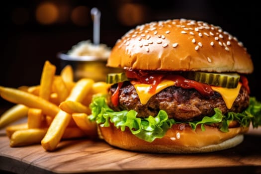 Delicious burger with fries combo.