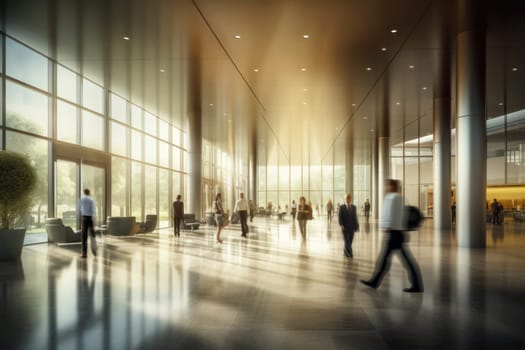 An office building with a huge people flow, fast shutter, Business people walking, Generative AI.