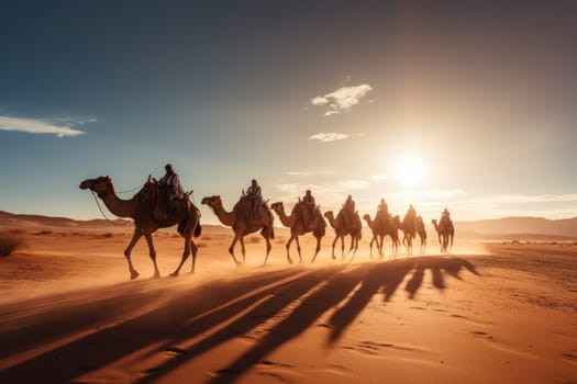 Herd of camel riders crossing the great desert.