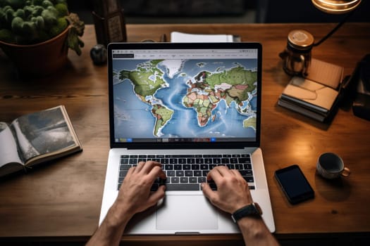 Tourist planning vacation use laptop for search and check hotel and travel accessories on table.