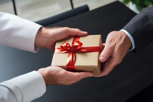 Close-up view of hands Giving a business gift in an office.