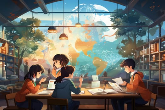 group student in class room, students in a library, Round table discussion, illustrator, Generative AI.