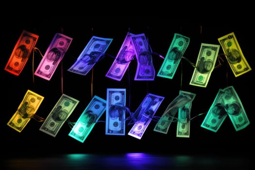 dollar bills falling with Neon colorful background.